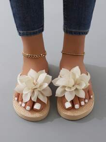 女士可爱彩色花卉印花人字拖凉鞋、沙滩拖鞋 - 米色 - 查看 4