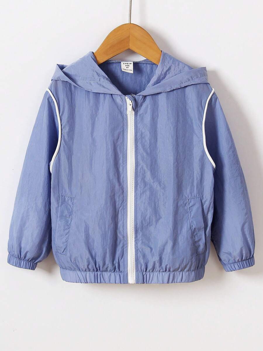 SHEIN 幼兒男童夏季休閒時尚長袖連帽風衣夾克 - 霧霾藍 - 查看 1