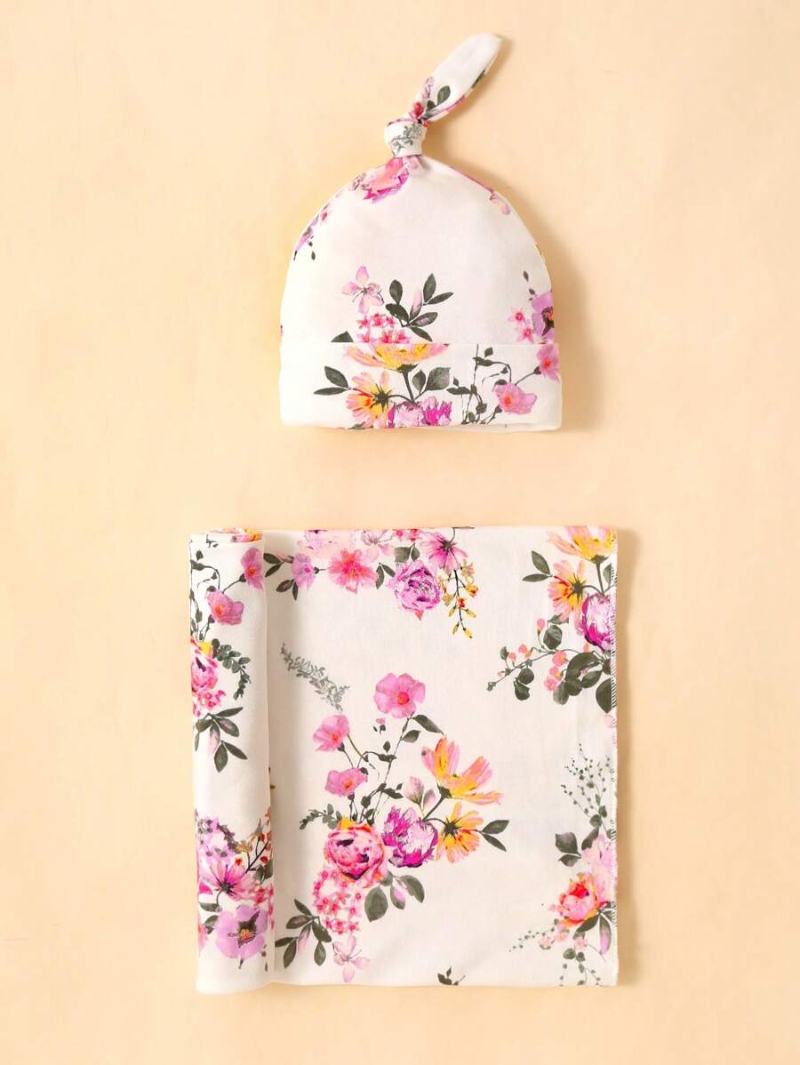 momscare 1 pieza Bebé con patrón floral Manta para envolver & 1 pieza Sombrero - Multicolor - Ver 1