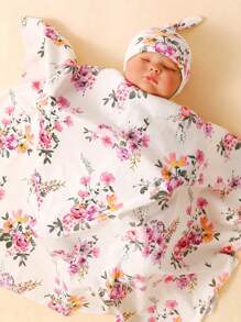 momscare 1 pieza Bebé con patrón floral Manta para envolver & 1 pieza Sombrero - Multicolor - Ver 2