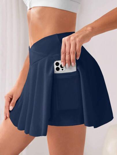 Easithlete 纯色高腰运动短裙带手机口袋蓝色短裙网球裙