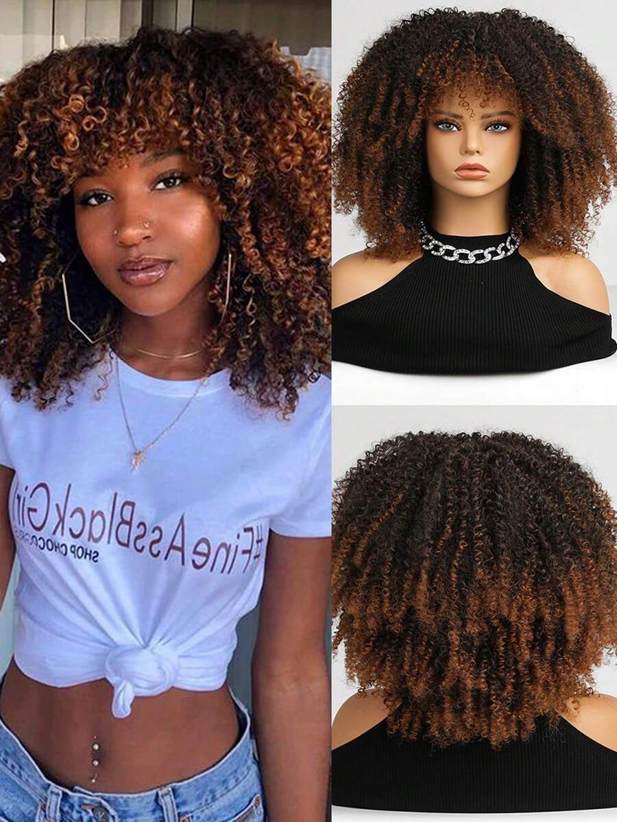 14英寸短圓蓬式髮型捲髮假髮:棕色頭髮假髮帶劉海適合派對和日常穿著-耐熱和毛茸茸 - 漸層 - 查看 1