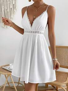 SHEIN VCAY Guipure Lace Insert Cami Dress - White - View 1