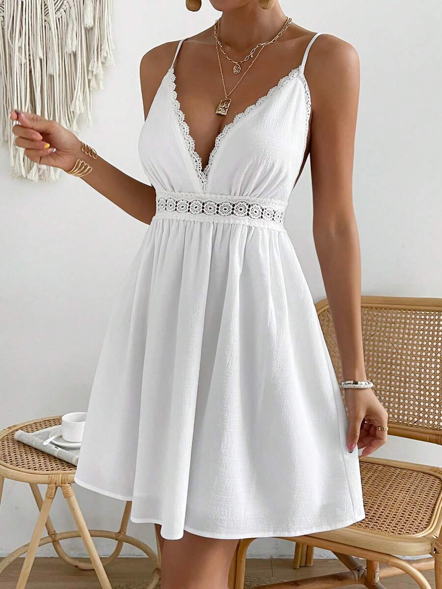 SHEIN VCAY Guipure Lace Insert Cami Dress - White - View 1