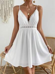 SHEIN VCAY Guipure Lace Insert Cami Dress - White - View 3