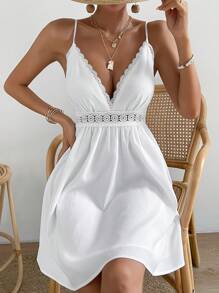 SHEIN VCAY Guipure Lace Insert Cami Dress - White - View 7
