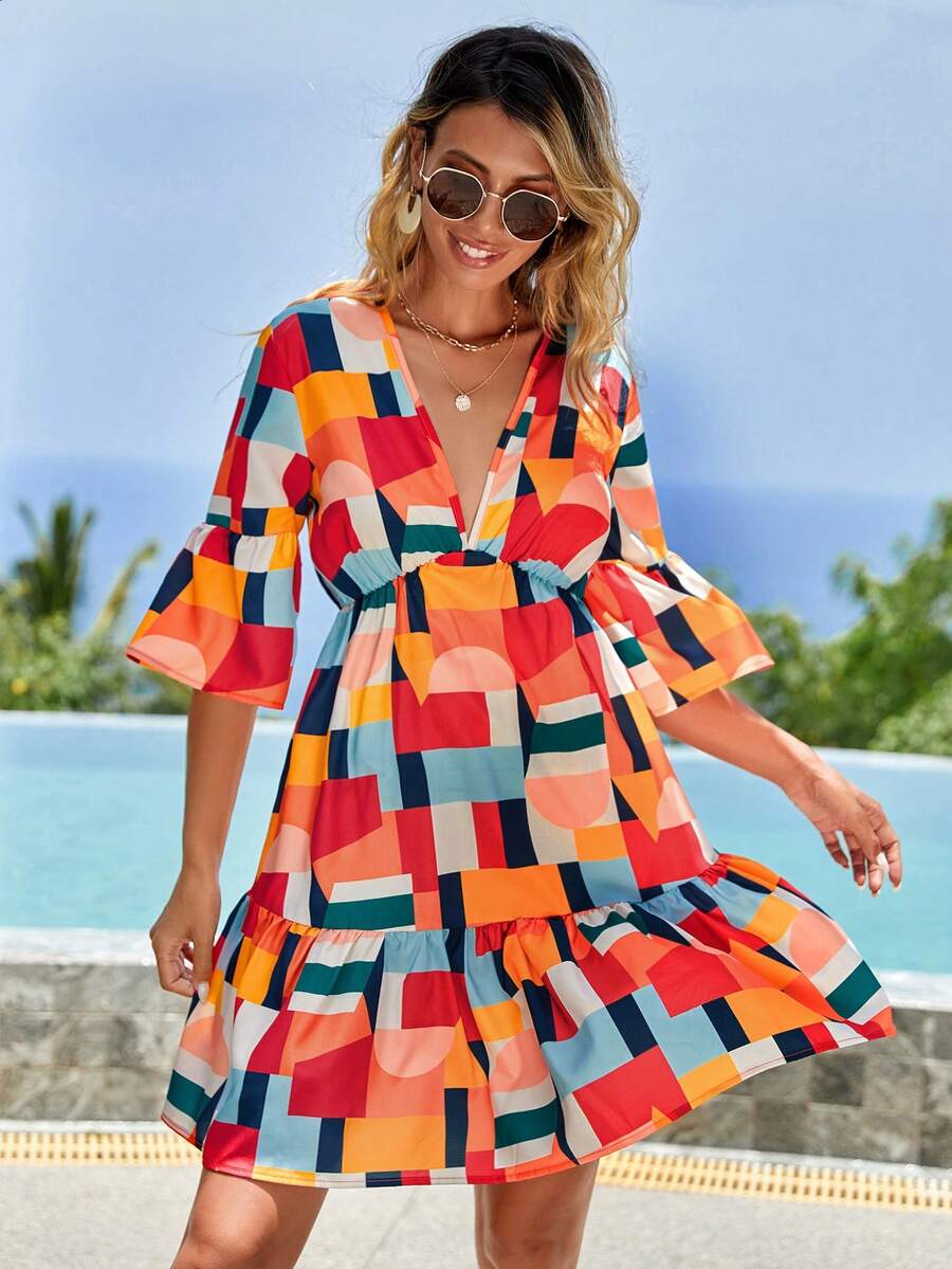SHEIN Cottnline فستان طباعة هندسية اكمام منتفضة حافة مكشكشة - متعدد الألوان - مشاهدة 1
