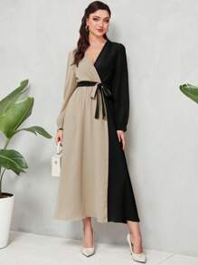 Modelyn Two Tone Puff Sleeve Belted Dress - Black - View 1