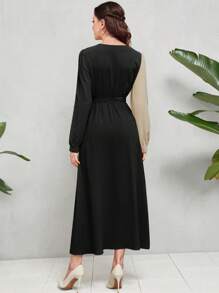 Modelyn Two Tone Puff Sleeve Belted Dress - Black - View 2