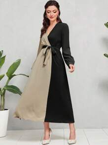 Modelyn Two Tone Puff Sleeve Belted Dress - Black - View 3