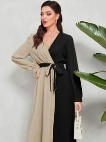 Modelyn Two Tone Puff Sleeve Belted Dress - Black - View 4