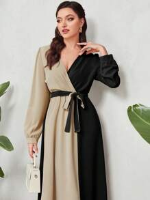 Modelyn Two Tone Puff Sleeve Belted Dress - Black - View 5