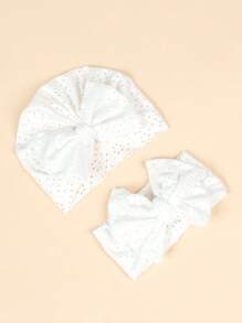 1pc Baby Solid Bow Decor Wrap Hat & 1pc Hair Band - White - View 1