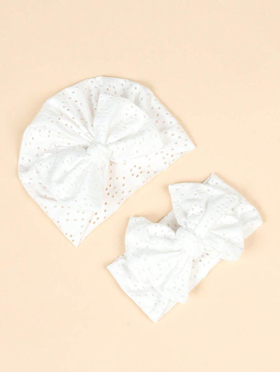 1pc Baby Solid Bow Decor Wrap Hat & 1pc Hair Band - White - View 1