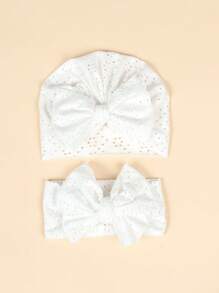1pc Baby Solid Bow Decor Wrap Hat & 1pc Hair Band - White - View 2