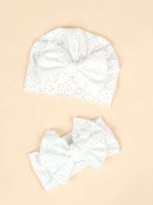1pc Baby Solid Bow Decor Wrap Hat & 1pc Hair Band - White - View 3