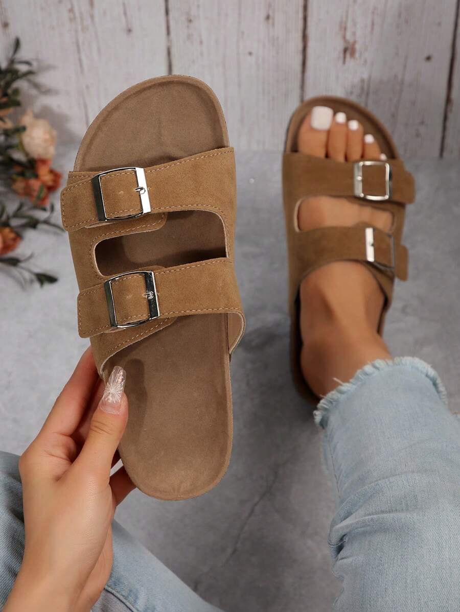 Vacation Footbed Sandals For Women, Faux Suede Buckle Decor Flat Sandals