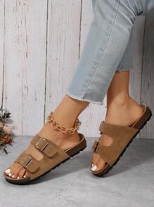 Vacation Footbed Sandals For Women, Faux Suede Buckle Decor Flat Sandals