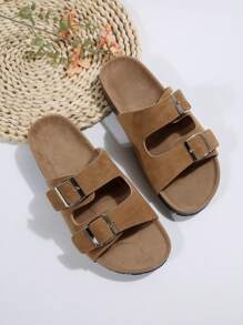 Vacation Footbed Sandals For Women, Faux Suede Buckle Decor Flat Sandals