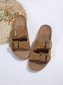 Vacation Footbed Sandals For Women, Faux Suede Buckle Decor Flat Sandals