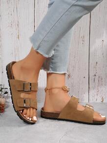 Vacation Footbed Sandals For Women, Faux Suede Buckle Decor Flat Sandals