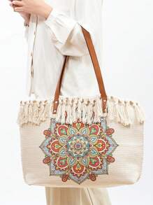 Túi vải tote in vải cỡ lớn mùa hè có tua - Màu be - Xem 2