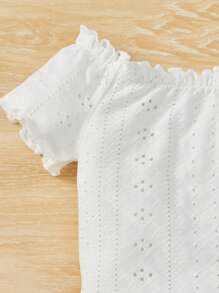 SHEIN 少女雙肩露肌萵苣邊設計短袖上衣和小花印花短褲 - 青檸色 - 查看 4