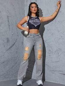 Ripped Raw Hem Slant Pocket Jeans - Light Wash - View 3