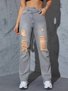 Ripped Raw Hem Slant Pocket Jeans - Light Wash - View 4