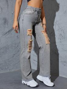 Ripped Raw Hem Slant Pocket Jeans - Light Wash - View 5