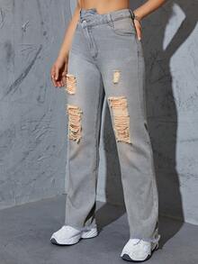 Ripped Raw Hem Slant Pocket Jeans - Light Wash - View 6
