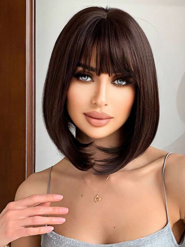 Brown Short Straight Synthetic Wig With Bangs Bob Wigs for Women Daily Party Wigs Heat Resistant