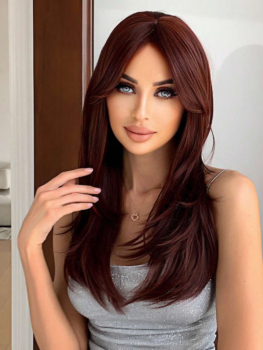 長款直筒人造假髮帶劉海 - 酒紅色 - 查看 1