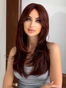 長款直筒人造假髮帶劉海 - 酒紅色 - 查看 6