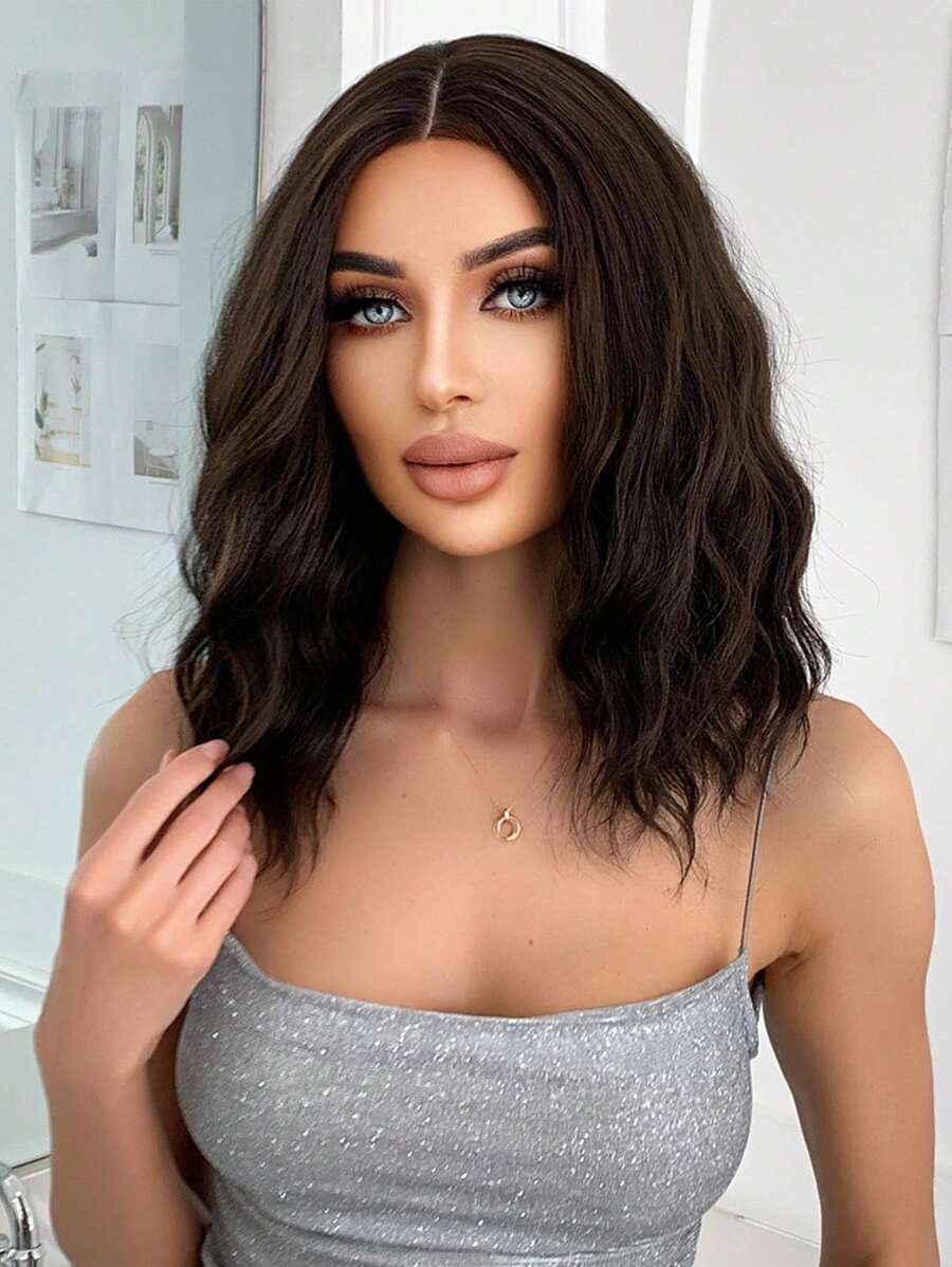 Nâu Trung bình Phần Quăn Tóc giả tổng hợp Đen Nâu Bob Tóc giả Đối với phụ nữ Hằng ngày Buổi tiệc Chống nóng Tóc giả - màu nâu - Xem 1