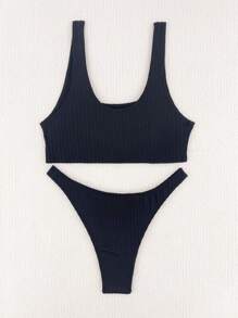 Swim Vcay Summer Beach Solid Ribbed Knit Bikini Set - Black - View 4