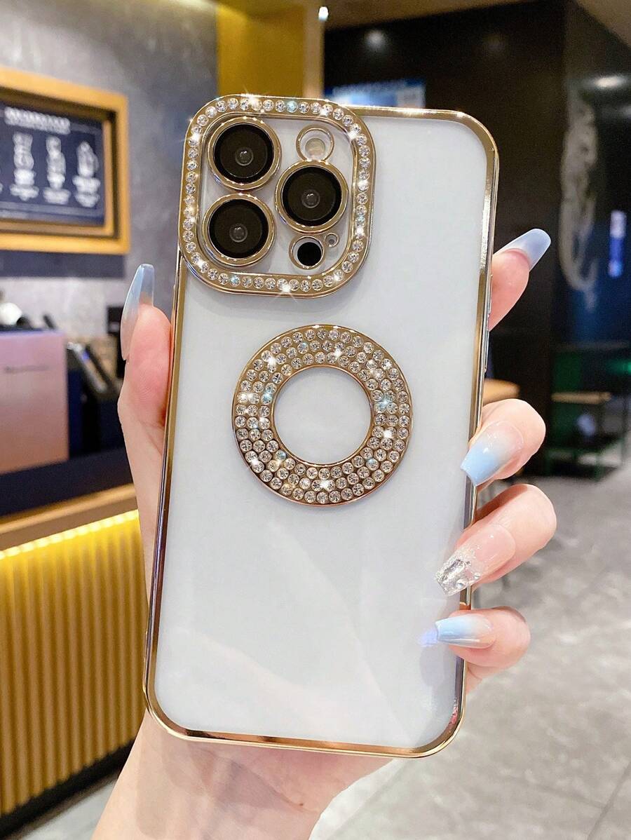 Rhinestone Decor Clear Phone Case - Gold - View 1