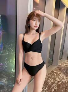 SHEIN Swim Bãi biển mùa hè 3 gói Quấn Bikini nhiều lớp & Váy đi biển - màu đen - Xem 8