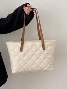 Large Capacity Quilted Pattern Shoulder Tote Bag Double Handle - White - View 2
