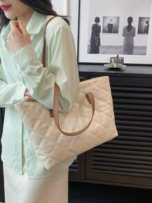 Large Capacity Quilted Pattern Shoulder Tote Bag Double Handle - White - View 5