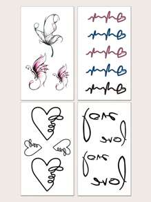 4 hojas Pegatina tatuaje con estampado de corazón y letra - Multicolor - Ver 1