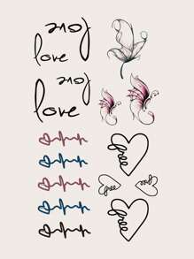 4 hojas Pegatina tatuaje con estampado de corazón y letra - Multicolor - Ver 4