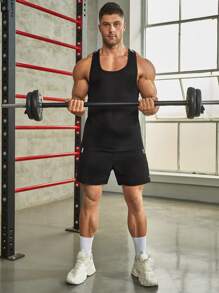 Manfinity Fitness 男友风格男士字母图案工字背心运动背心健身上衣背心套装，健身上衣健身上衣透气 - 黑色 - 查看 4