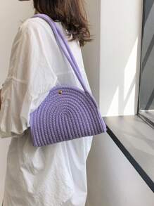 小鉤針編織袋素色紫色極簡雙把手 - 紫色 - 查看 2