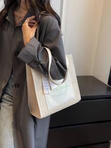 小字母圖案草編包絲巾裝飾 - 米色 - 查看 2