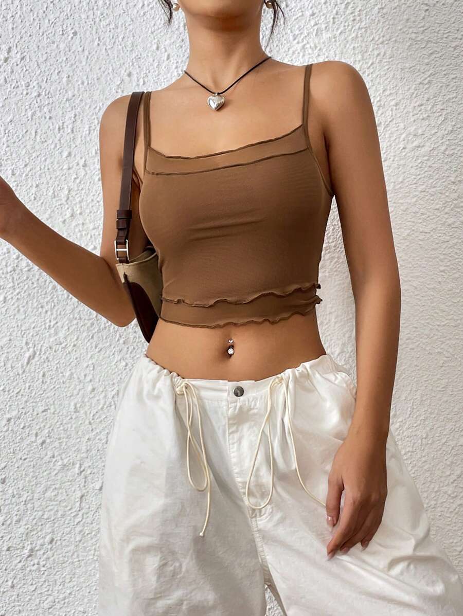 SHEIN EZwear 素色木耳邊吊帶短上衣 - 棕色 - 查看 1