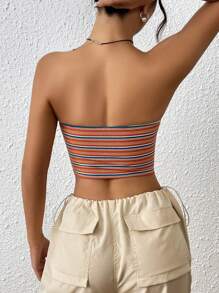 SHEIN EZwear Women's Y2k Striped Print Crop Tube Top - Orange - View 2