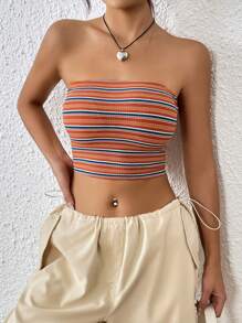 SHEIN EZwear Women's Y2k Striped Print Crop Tube Top - Orange - View 3