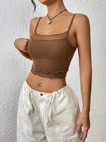 SHEIN EZwear 素色木耳邊吊帶短上衣 - 棕色 - 查看 5