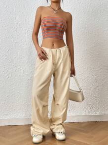 SHEIN EZwear Women's Y2k Striped Print Crop Tube Top - Orange - View 5